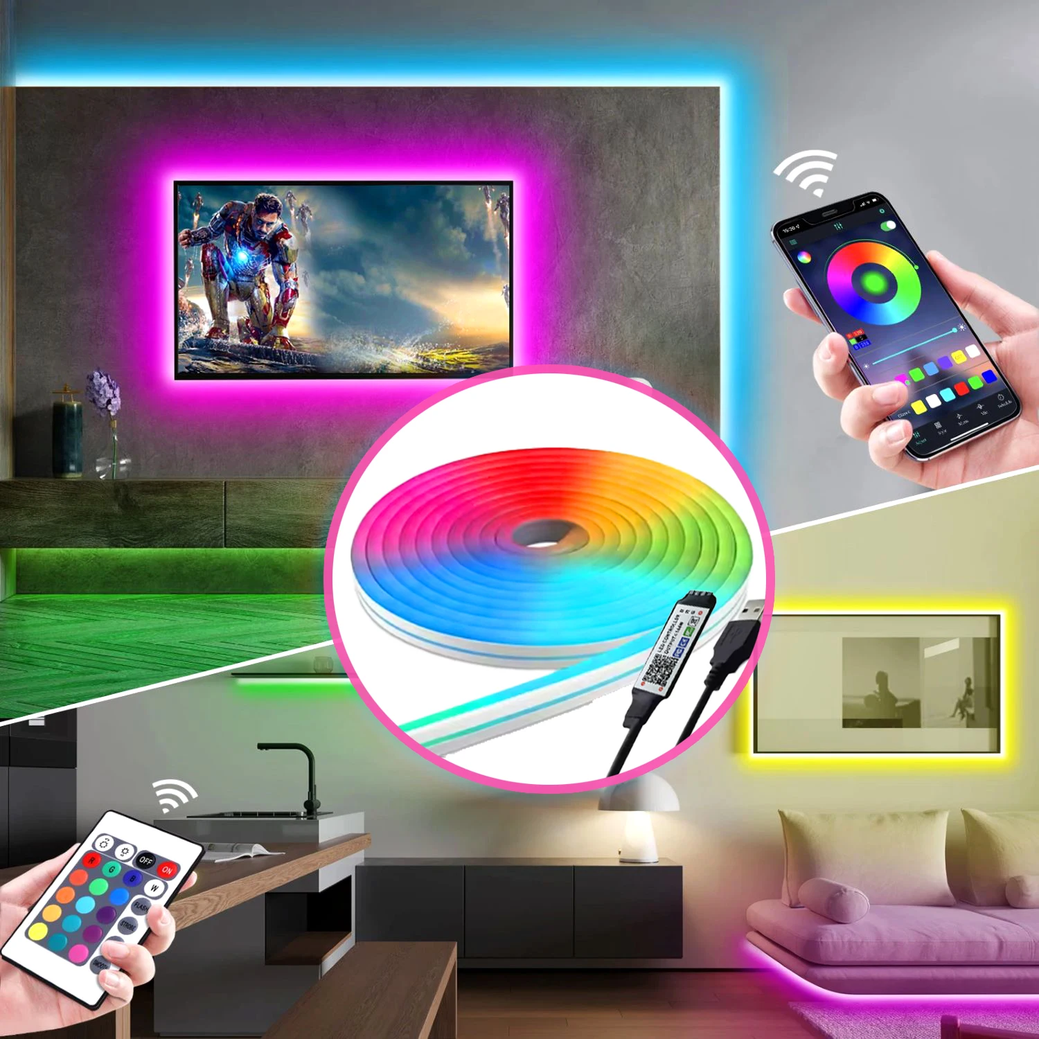 LED neon belt flexible waterproof lighting RGB dimming application and remote control built-in microphone voice control