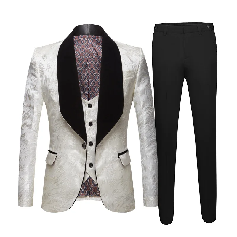 Luxury Printing Men Suit Black Patchwork One Button Wedding Party Banquet Jacket Set Singer Male 3 Piece Set (Blazer+Pants+Vest)