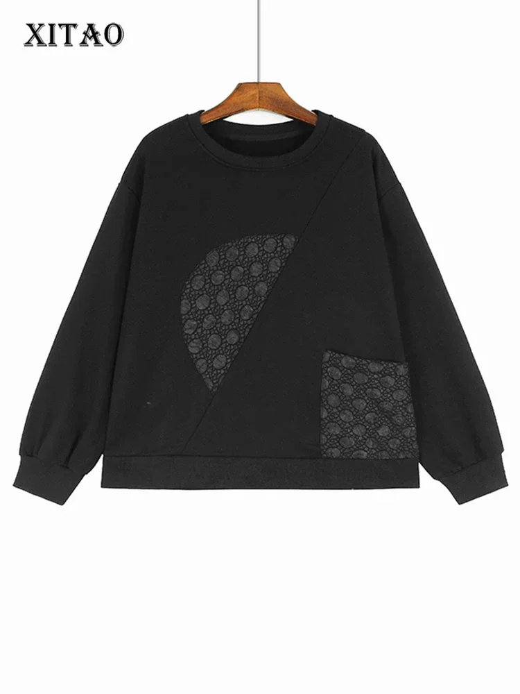 

XITAO Loose Long Sleeve Sweatshirts Trend Pocket Contrast Color Patchwork Women 2023 Autumn New Personality Trend Top DMJ2901