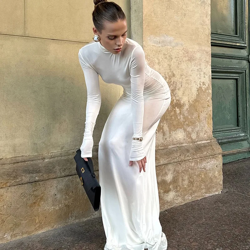 Elegant Fashion Turtleneck Long Dress Female High Waist Long Sleeve Slim Autumn New Solid Dress Women's Party Dress