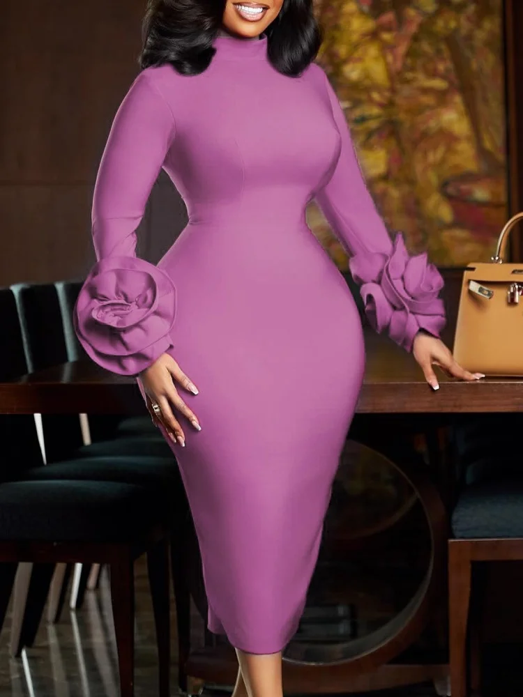 Wmstar Dress Women Wholesale Semi High Neck Elegant Form Fitting OL Tunle Long Sleeved Three Dimensional Flower Export 2025