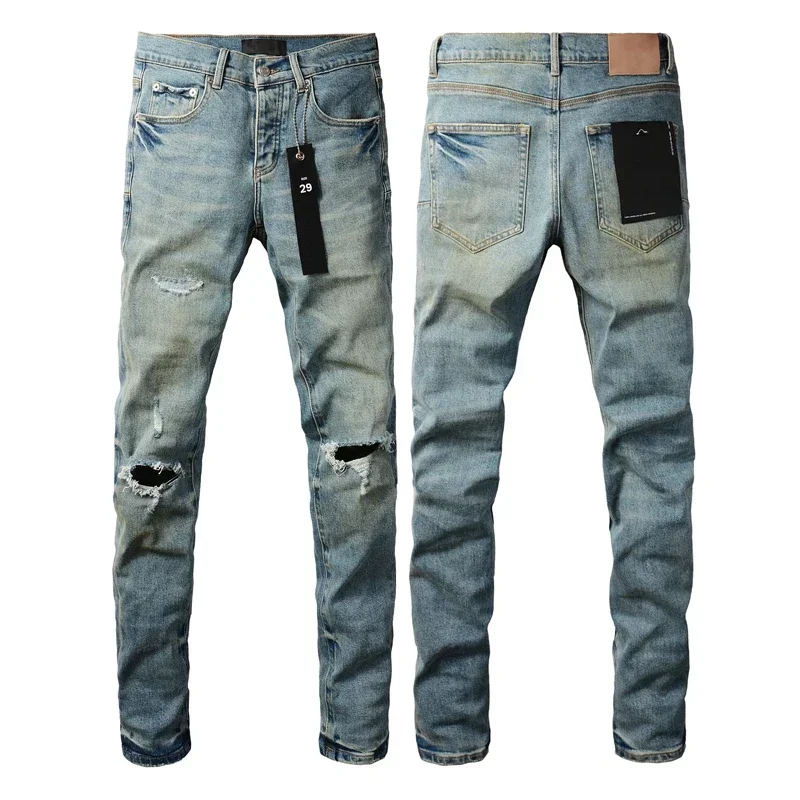 

2024 Purples Jeans Men denim pants distressed slim fitting paint Fashion brand Repair Low Rise Skinny Denim pants
