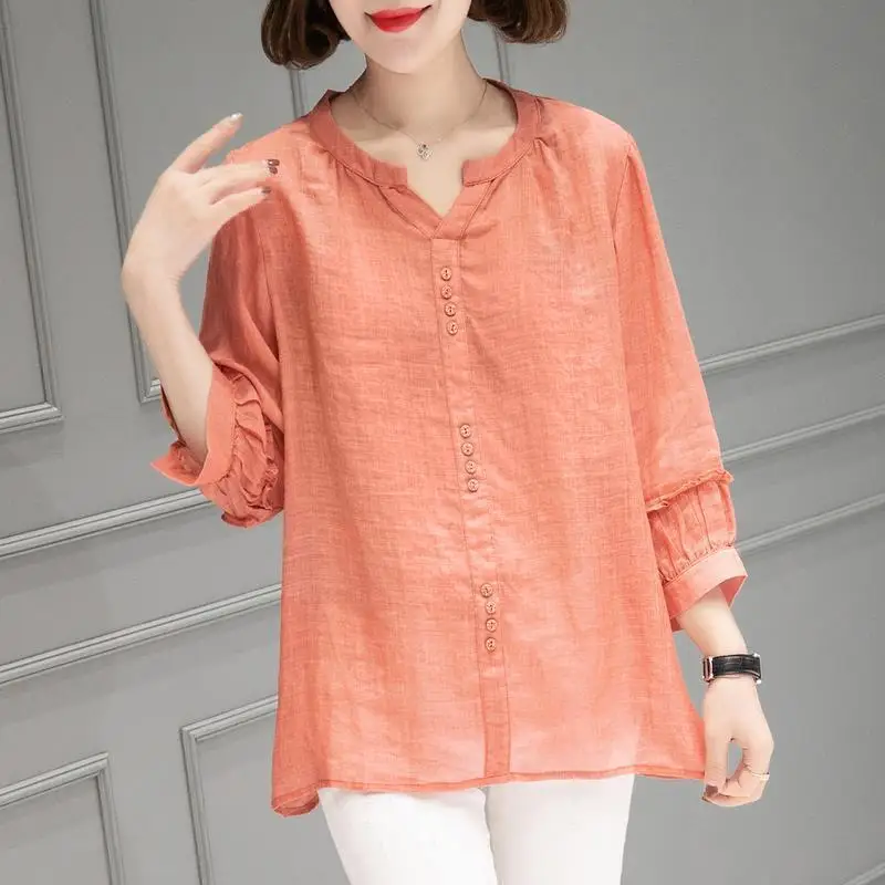

Elegant V-Neck Spliced Button Ruffles Blouse Women's Clothing 2023 Summer New Loose Casual Pullovers All-match Office Lady Shirt