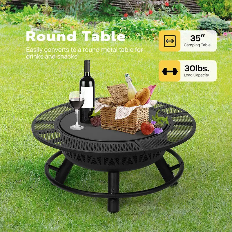 35'' Fire Pit w/ Cooking Grill Grate, Charcoal Pan & Cover Wood Burning Firepits