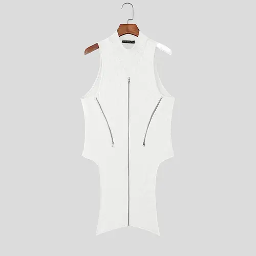 INCERUN Men Irregular Tank Tops Solid Color Knitted Turtleneck Sleeveless Male Vests Streetwear Summer 2026 Zipper Fashion Tops - Image 7