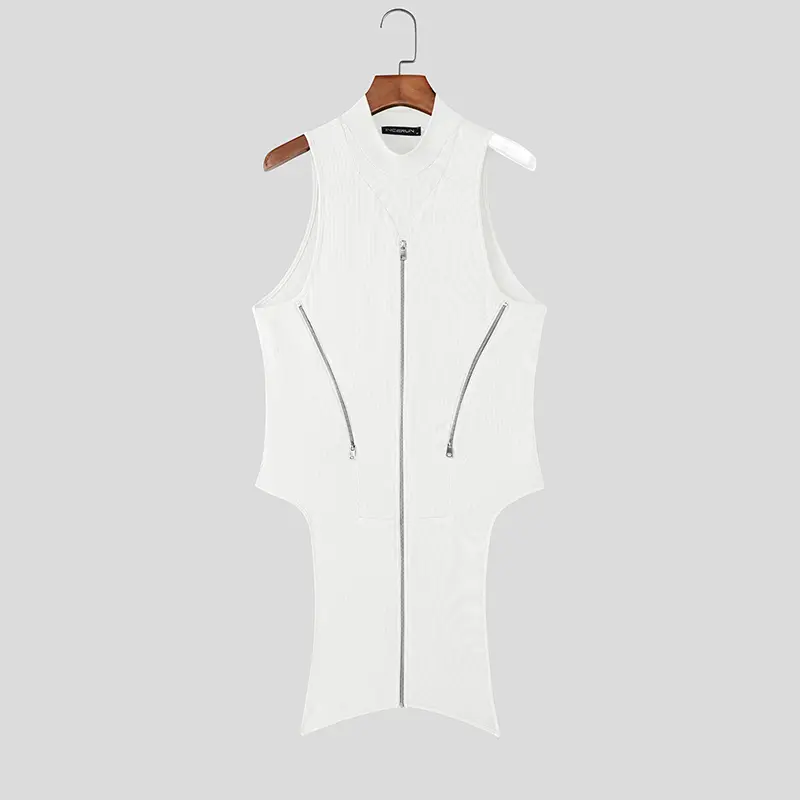 INCERUN Men Irregular Tank Tops Solid Color Knitted Turtleneck Sleeveless Male Vests Streetwear Summer 2026 Zipper Fashion Tops - Image 7