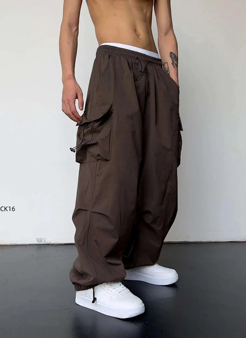 Men's casual workwear, fashionable streetwear, classic men's straight leg wide leg pants, drawstring workwear, fashionable loose - 3