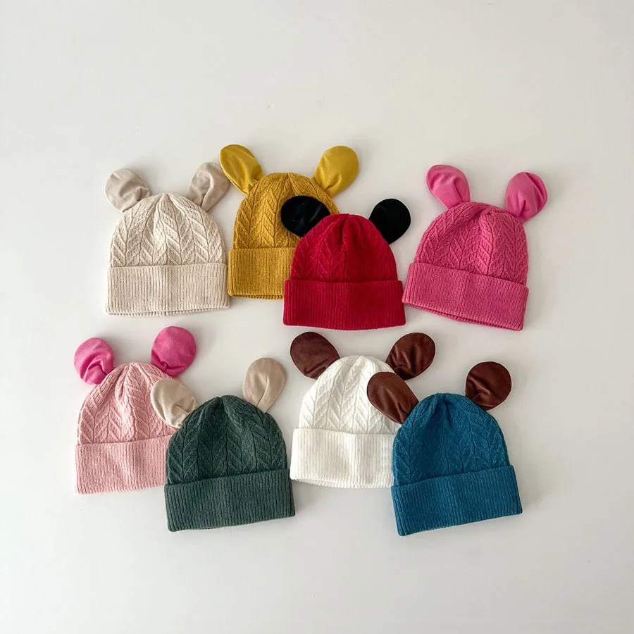 

Kids Knitted Hat With Ears 0-6 Years Newborn Toddler Beanie Hat Autumn Winter Unisex Girl Boy Photography Props Accessories 2023