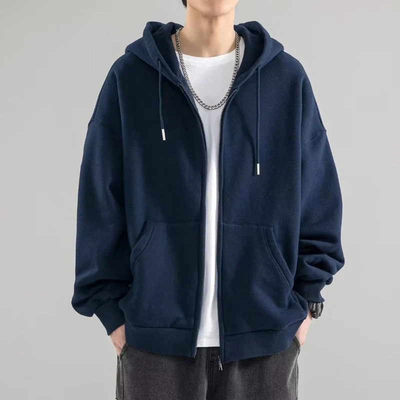 Heavyweight Basic Solid Color Cardigan Sweatshirt Men's Tide Loose Large Size Men's Hooded Sweatshirt Jacket Hoodie Men 2023
