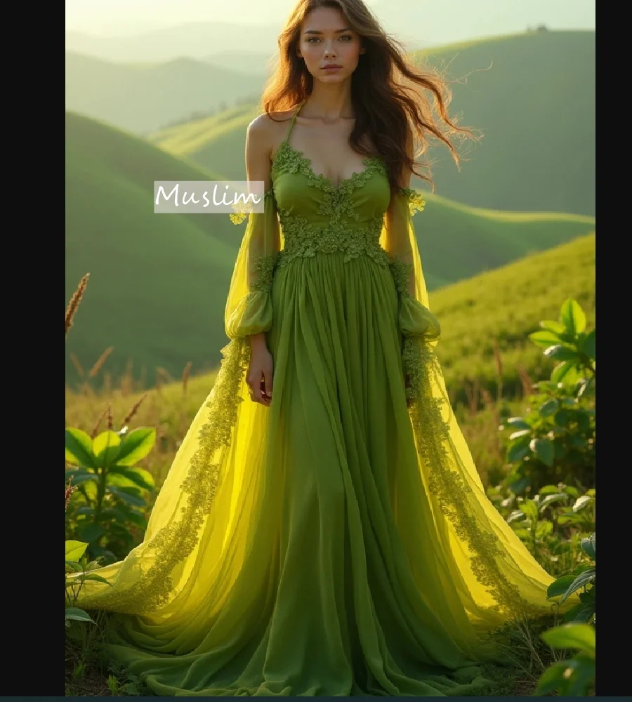 Green Elf Prom Dresses Flowy Fairy Lace Chiffon Evening Dress Bohemian Celtic Formal Party Birthday Gown Customized Enchanting