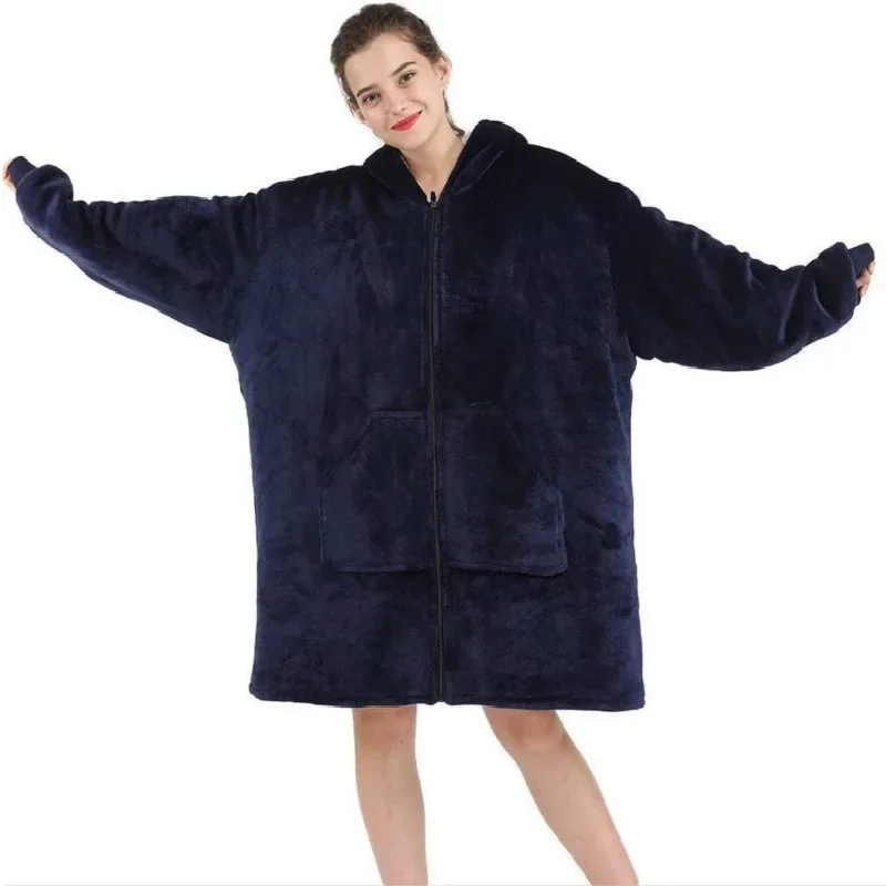 Couverture à Capuche Surdimensionnée En Flanelle - Poches Chaudes, Pour Femmes/adultes, Bleu Foncé - 9
