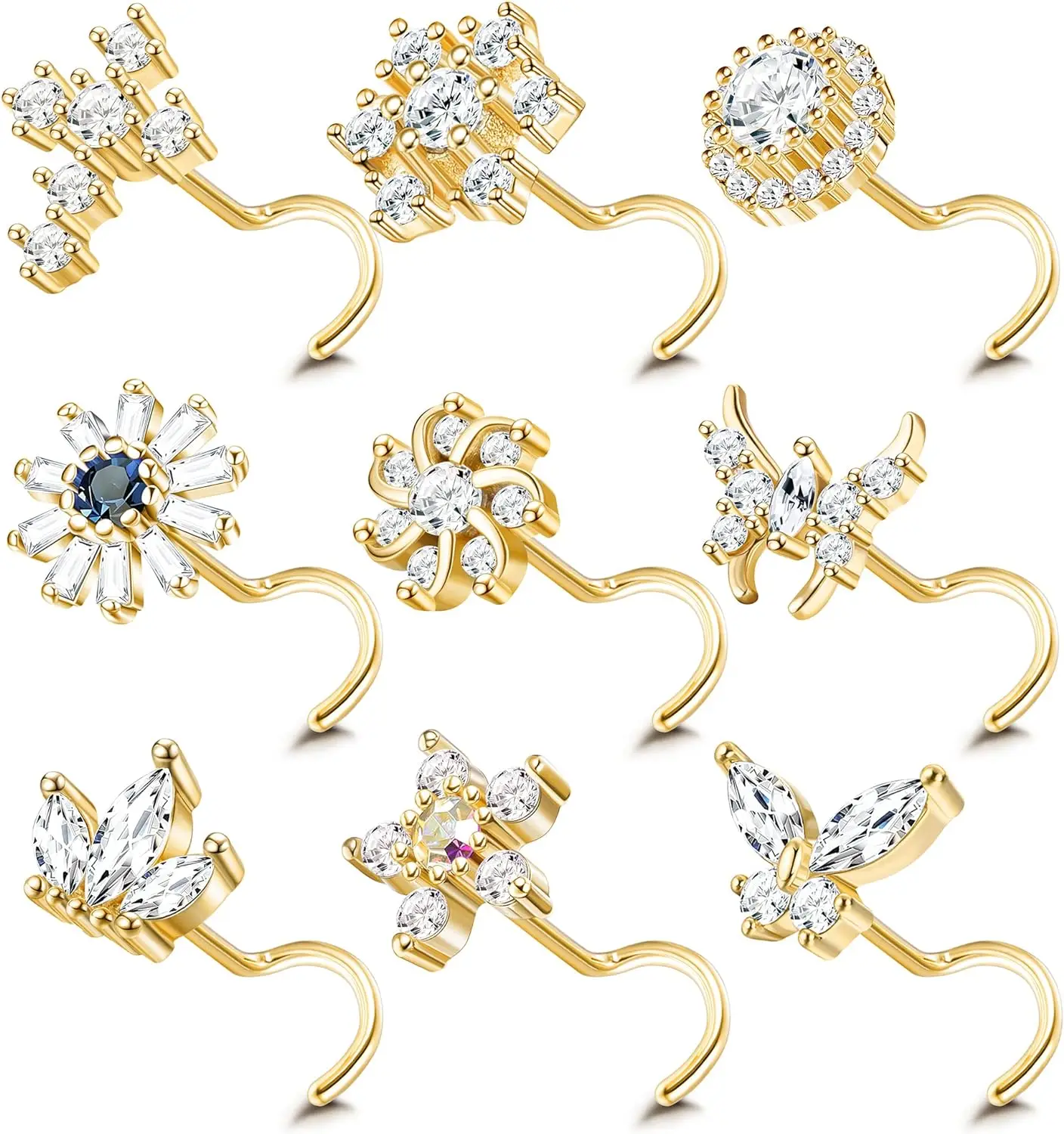 Nose Rings 1Pc FASACCO Stainless Steel L Shape Bone Screw Nose Studs for Women Men Cubic Zirconia Piercing Jewelry