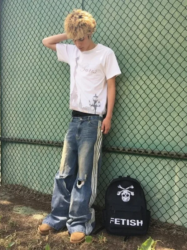 캐주얼 오버사이즈 청바지 사이드 스트라이프 찢어진 와이드 레그 팬츠 루즈핏 스포츠웨어 청소년용 신축성 있는 허리 기타 소재 00%