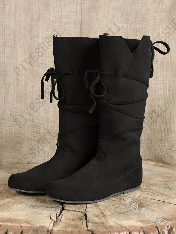 CRETUAO Stivali da Pirata medievali da Donna,Comodi Stivali da Cavaliere Western rinascimentali Piatti,Cinturino Incrociato Tacco Basso Punta Tonda Fibbia per Cintura Stivali Alti,Black1,35 EU