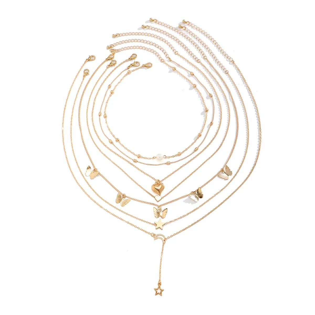 Golden Butterfly Women's Necklace Imitation Pearl Multi-Layer Exaggerated Banquet Mixed Love Clavicle Chain For Women Jewelry