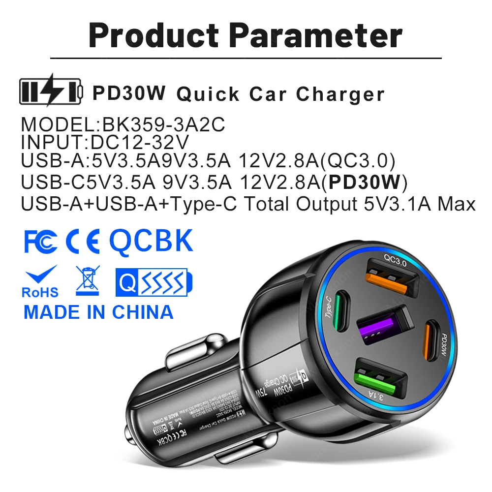 5 Ports USB Car Charger 75W PD Type C Fast Charging Charger In Car For iPhone Sa