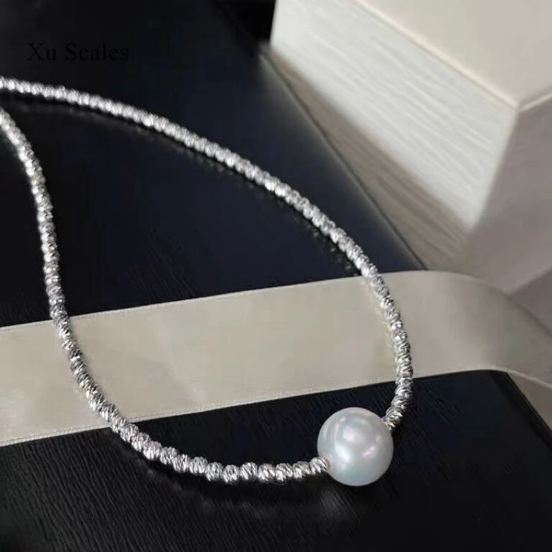 

Natural Freshwater Edison Pearl Sterling Silver Necklace Road Pass Collar Bling Flash Laser Thread Ball Diamond Craft Jewelry