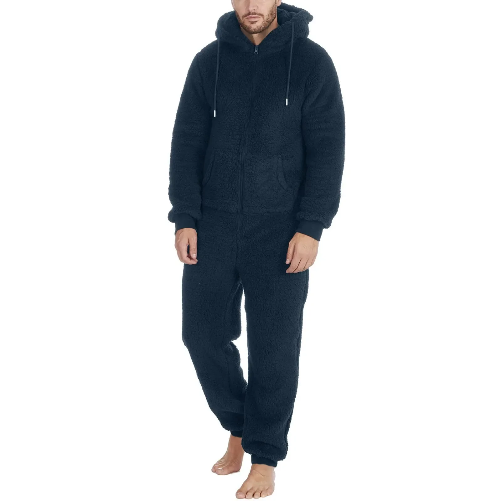 

5xl Zipper Jumpsuit Plush Solid Onesies Men Warm 2023 Plus Sleeve Hooded Pajamas Drawstring New Pocket Pajamas Winter Long