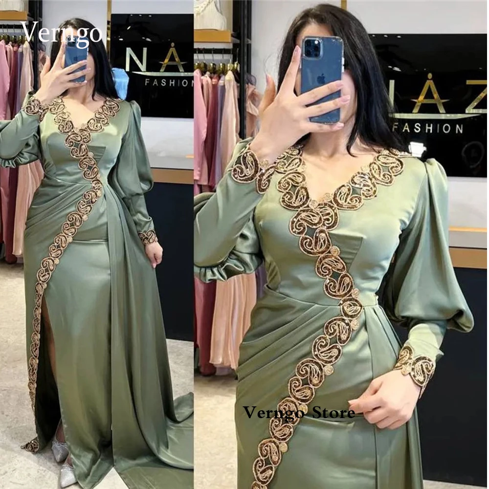 

Verngo Modest Dubai Arabic Kaftan Women Evening Dresses Puff Long Sleeves V Neck Lace Satin Split Sage Blue Formal Prom Gowns