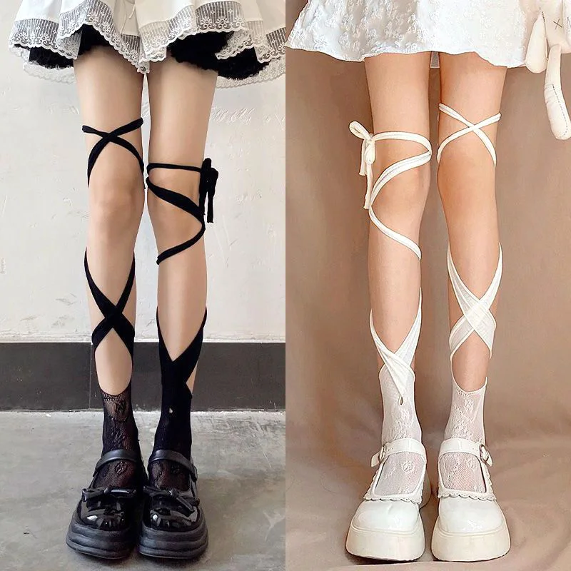 

JK Tie Lace Fishnet Stockings Women Sexy Irregular Split-toe Calf Socks Middle Tube Socks Long Japanese Kawaii Cos Stockings