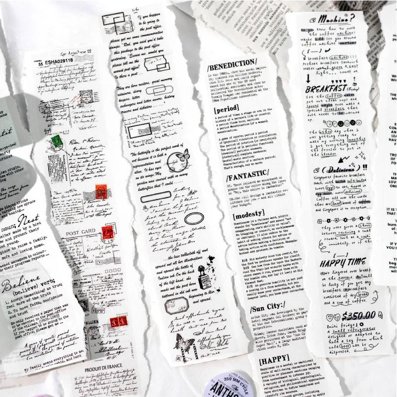Journamm 50mm*2m Text Tape Collage Stickers 350mm Cycle PET Material Decor Junk Journal DIY Scrapbooking School Supplies