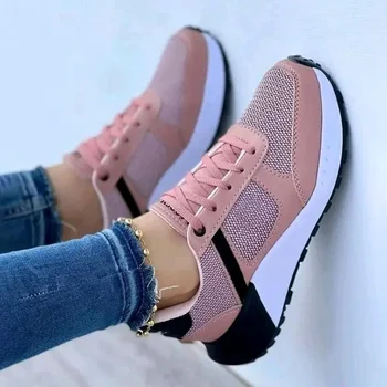 Women Sneakers Mesh Breathable Wedges Sports Shoes Running Sneakers Fashion Mixed Colors Lace-Up Casual Lady Vulcanized Shoes - Image 1