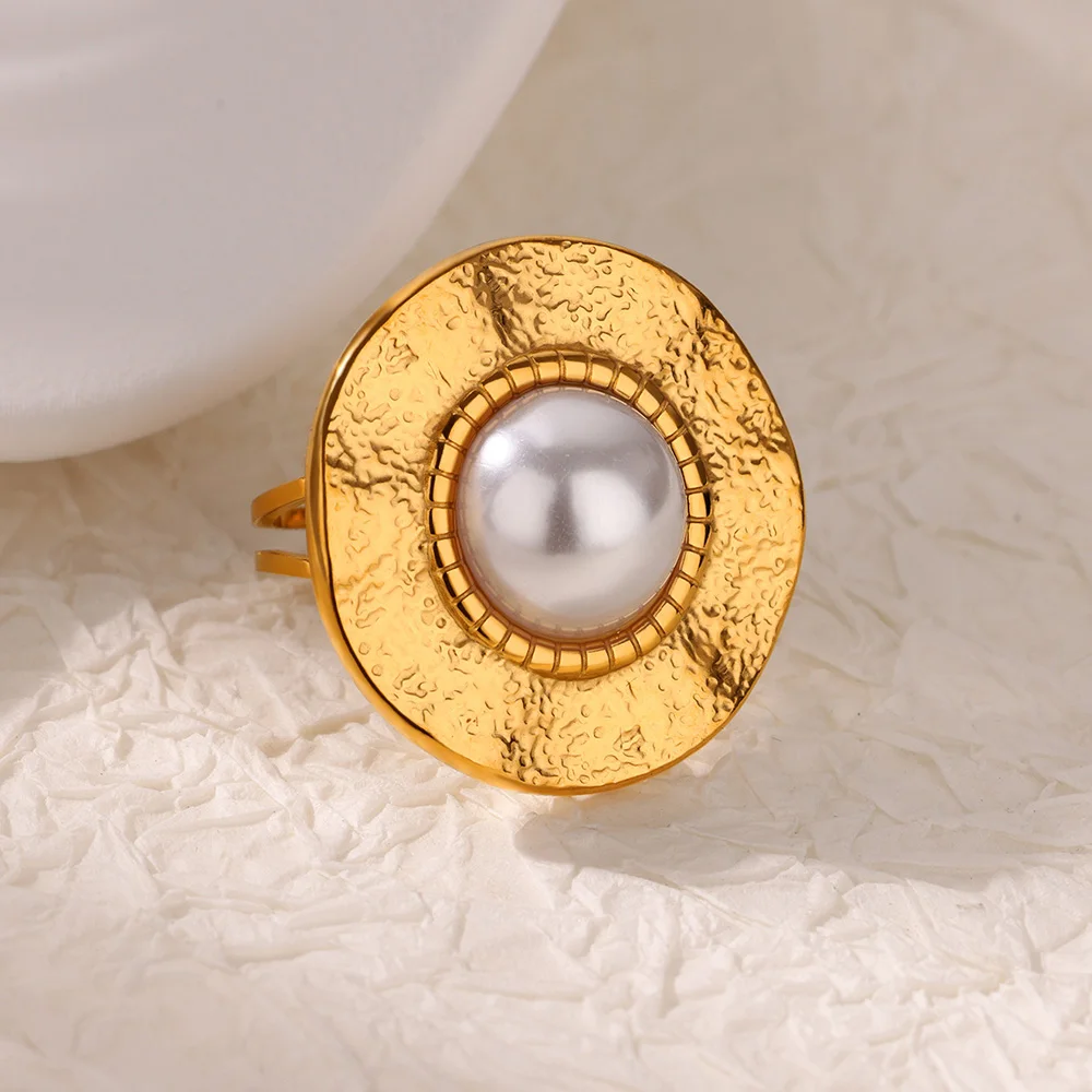 Women Round Imitation Pearl Stainless Steel Rings Gift
