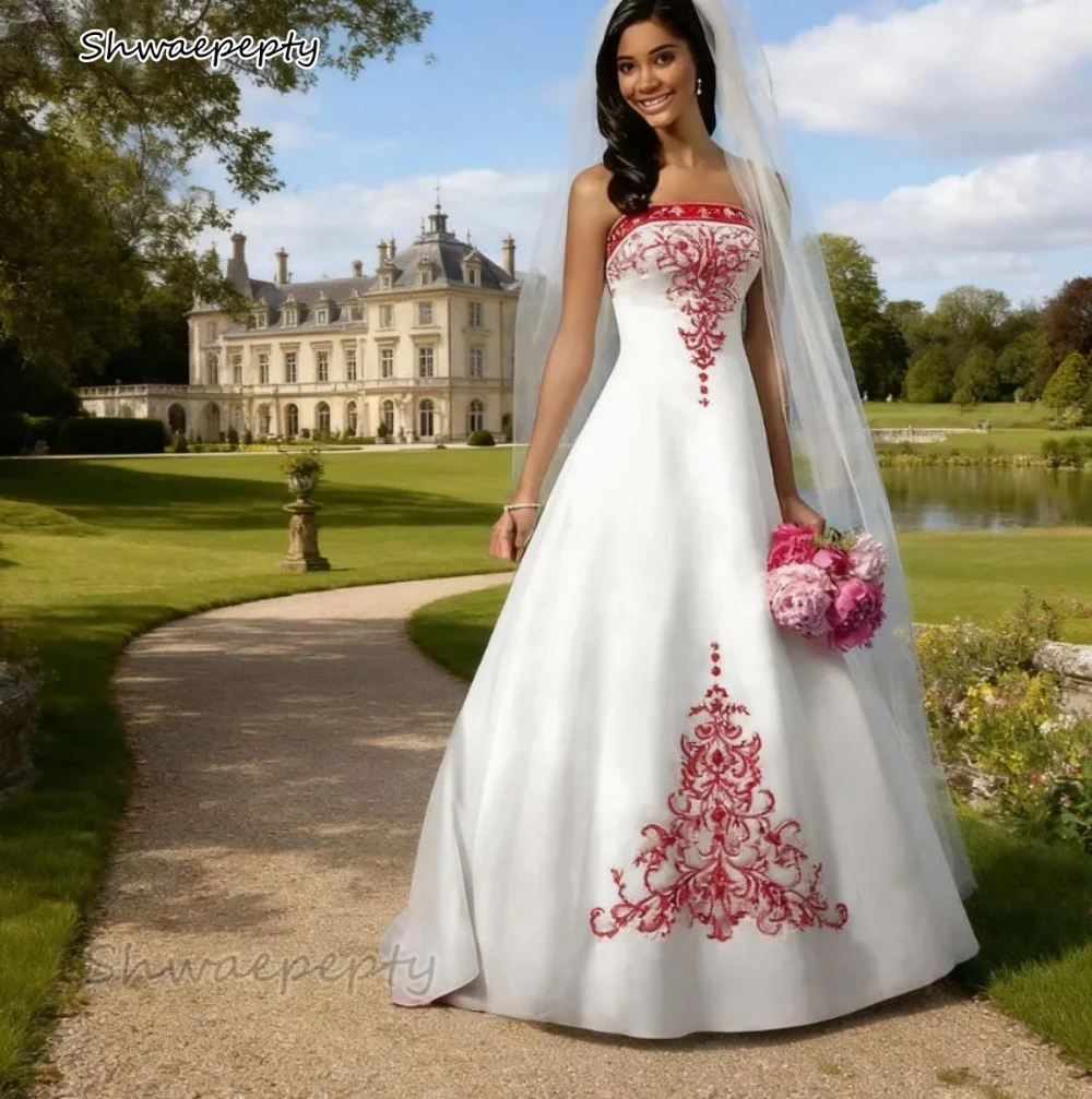Bride Dress Vestido De Novia Blanco Con Rojo Elegant Embroidery White And  Red Wedding Dress Sweep Train A-Line