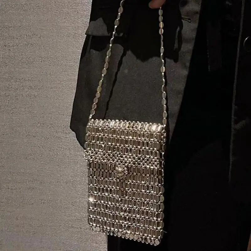 Vintage Plastic Metal Style Shiny Hand Woven Hollow Beaded Pearl Small Square Bag Long Shoulder Strap Crossbody Small Bag Women