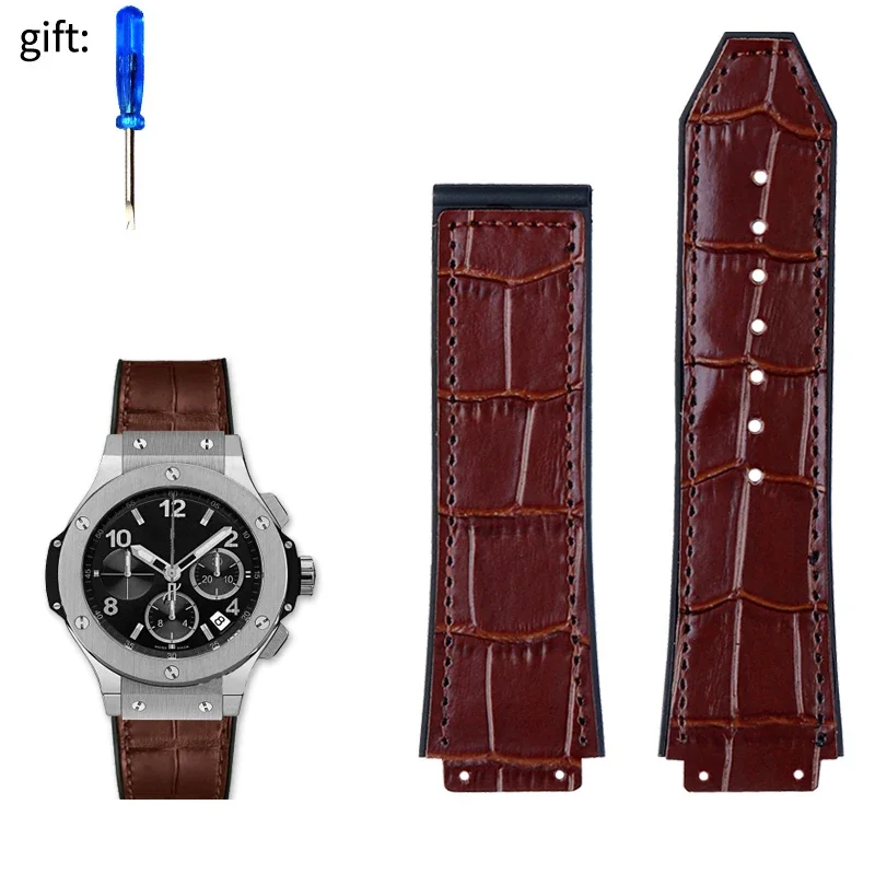 Premium Genuine Leather Watch Band - Cowhide Strap with Tools and Accessories, Black/Brown