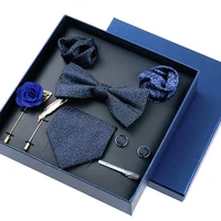 8-piece Set Bussiness Blue Ties For Mans Floral Brooches Pin Cufflinks Tie Clips Butterfly Bowtie Wedding Accessori Gift Box Set 6