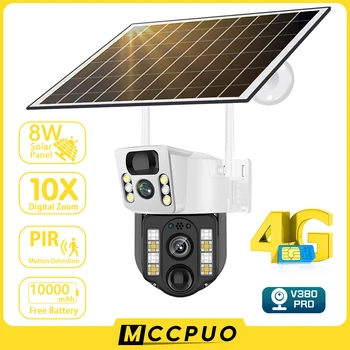 Mccpuo 듀얼 렌즈 PTZ 태양광 카메라, 야외 듀얼 스크린 AI 인간 추적 보안 와이파이 감시 IP 카메라, V380 프로, 4K, 8MP, 4G