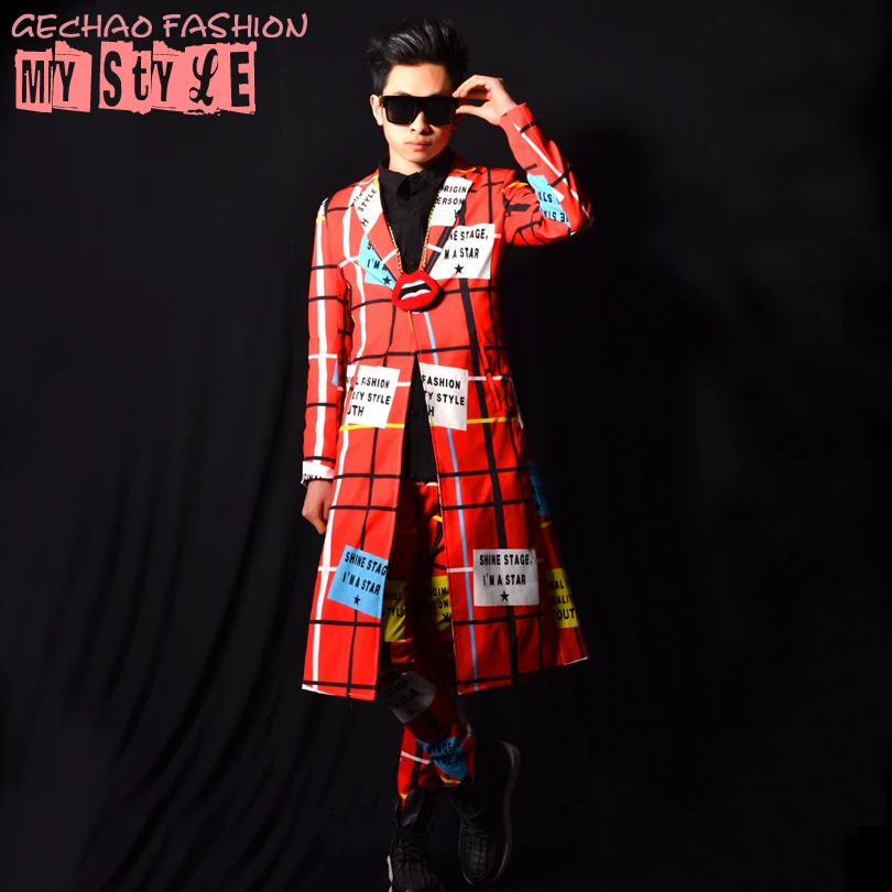Men Suit Long Red Plaid Line Letter Patchwork Coat Pants Nightclub Male Singer DSDJ Bar Stage Performance Clothing Fashion Set