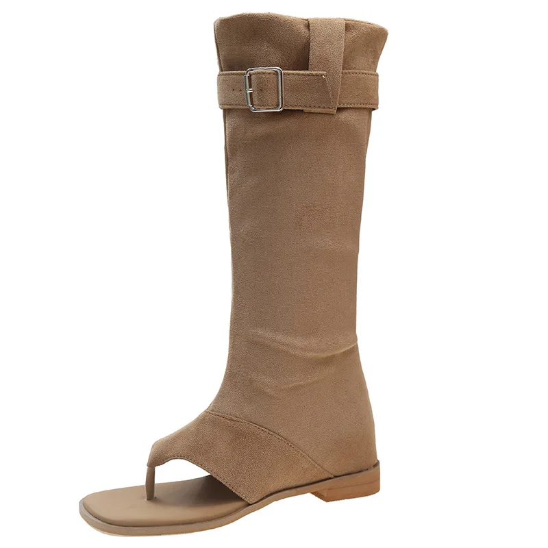 Women Buckle Strap Square Toe Flip Flop Thigh High Women Western Cowboy Boots Sandals