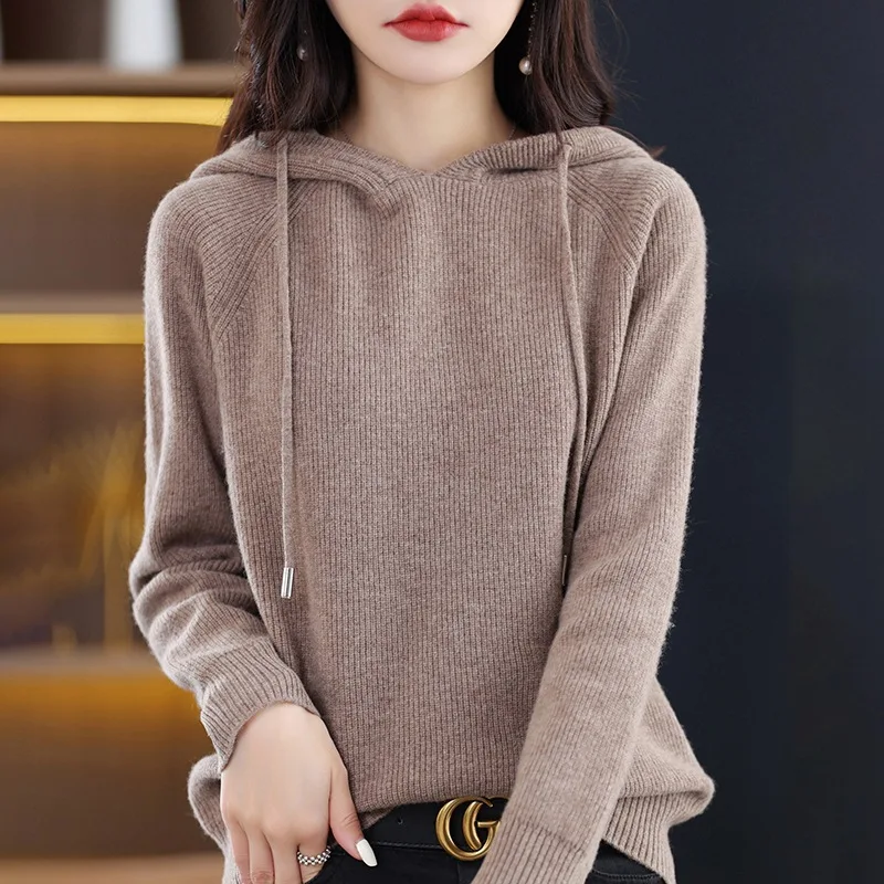 

Knit Sweater Women Long Sleeve Loose Wool Pullover Hooded Outer Jumper Autumn Winter Thickening All Match Basic Tops T945