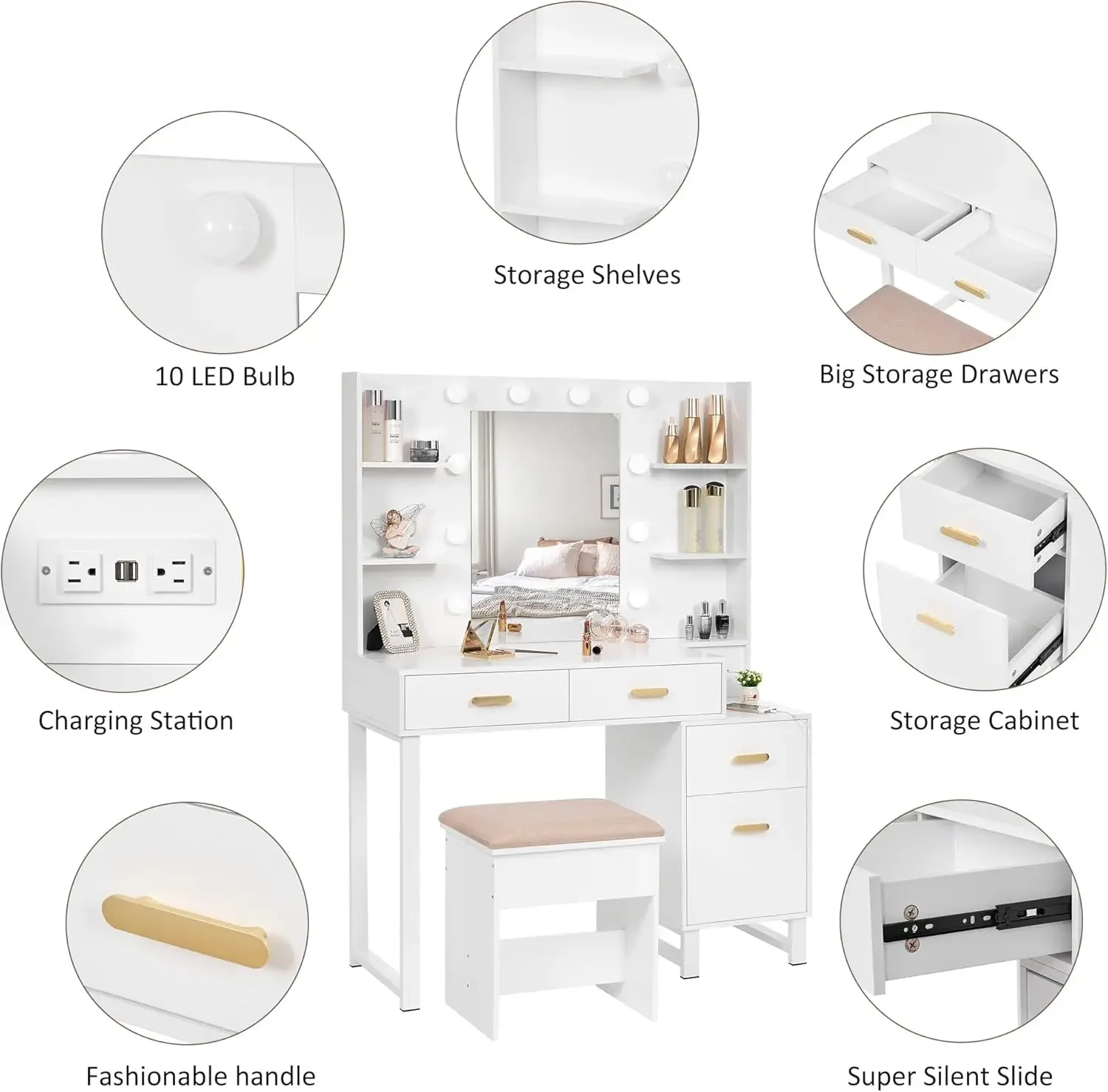 Makeup Vanity Desk Vanity Set with 10 LED Bulbs Lighted Mirror Makeup Table Set with Charging Station Nightstand 3 Colors