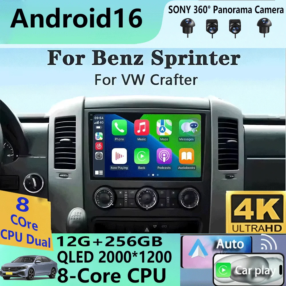 Radio multimedia para coche de 10 pulgadas con Android 16 para VW Crafter y Mercedes Benz Sprinter, reproductor de video, GPS, estéreo, CarPlay+auto, WIFI+4G, DSP 1