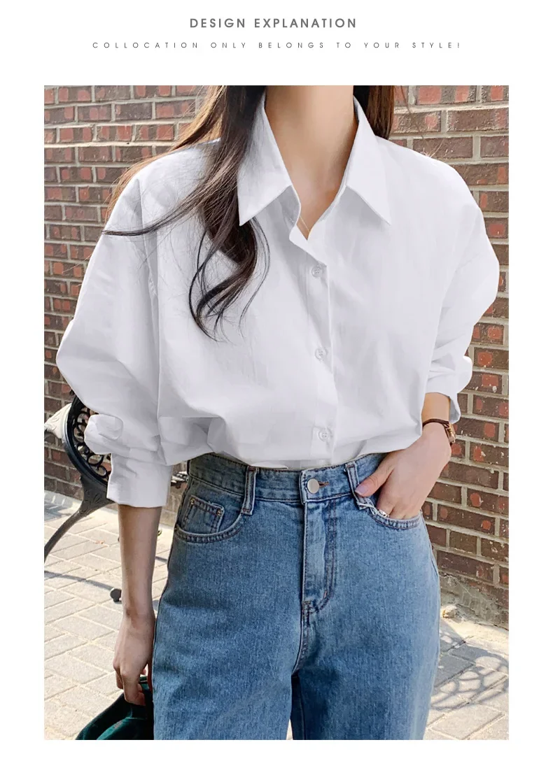 Neue Mode Frühling Herbst Einfache Und Casual Lose Vielseitig Reine Farbe Revers Hemd Frauen 100% Baumwolle Langarm Unterlage – Detail 9