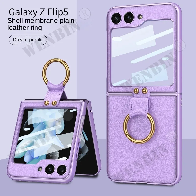 Finger Ring Capa For Samsung Z Flip 5 4 3 5G Case Luxury Leather With Camera Lens Protector Glass Phone Case Cover