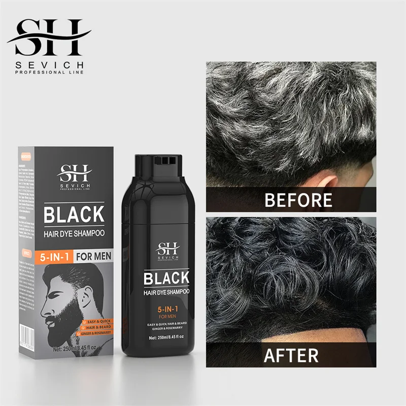 Shampoo per capelli neri naturali da 250ml 5 in1 capelli oscuranti istantaneo da grigio a nero Shampoo riparatore per capelli bianchi Shampoo per barba nera - immagine 2