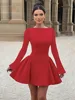 Mozision Elegant Long Sleeve Sexy Mini Dress For Women Solid O Neck High Waist A-line Bodycon Club Party Dress Clubwear New 1