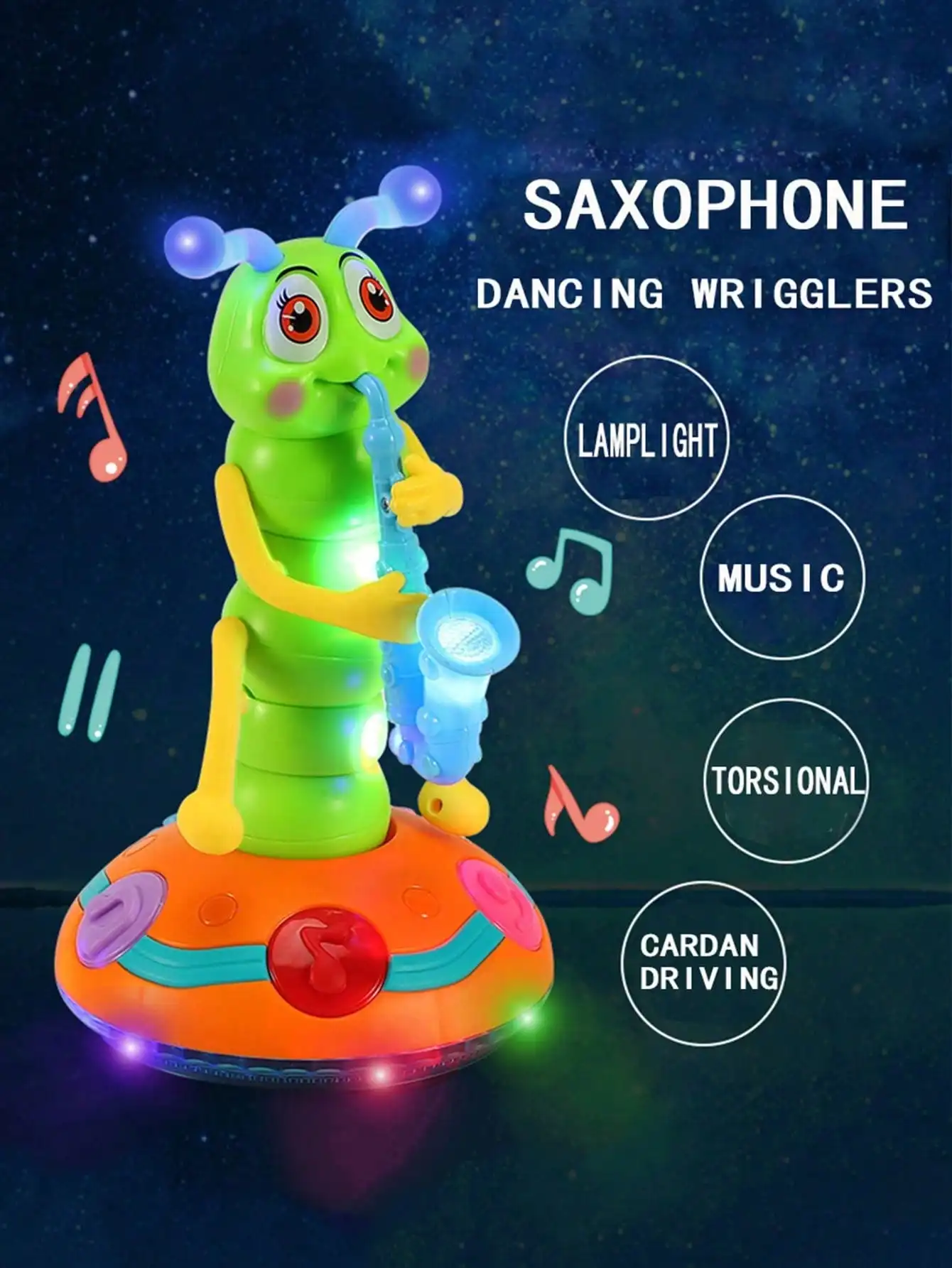 Musical caterpillar toy features