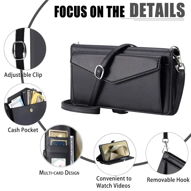 Premium Flip Leather Phone Wallet with Long Lanyard - Card Holder Case Cover
