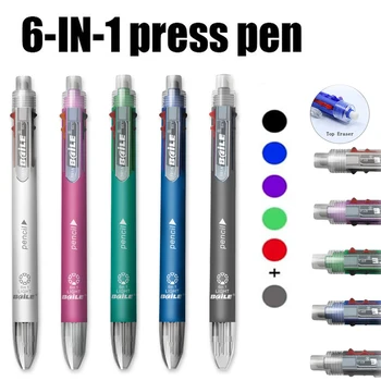 2 pezzi/set di penne a sfera 6 in 1, 5 colori, penna a sfera con matita automatica e gomma per la scuola, l'ufficio, articoli di cancelleria.