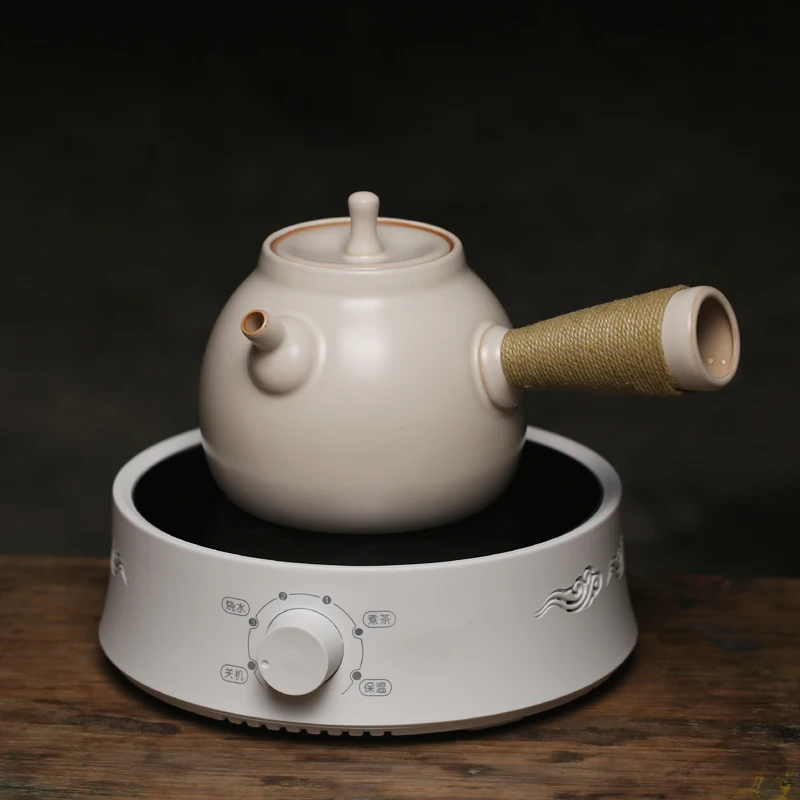 White earthenware clay with wooden lid and side handles to boil flower  teapot charcoal electric stovetop burner kettle - AliExpress