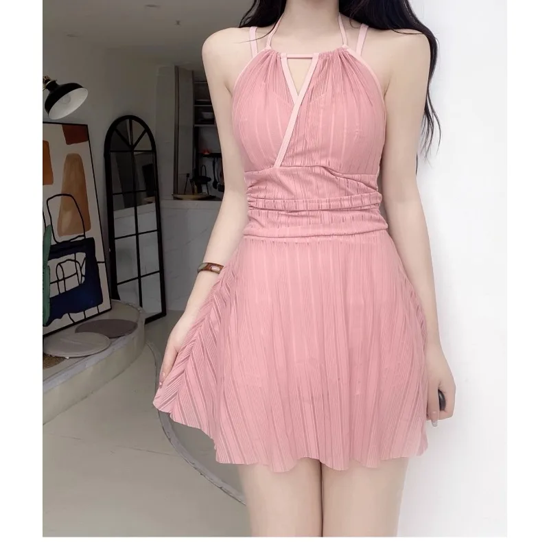 

Sexy Gentle Lady Vacation Swimwear Pink Sweet Solid Color Halter Dress One Piece Swimsuit Beach Sea Bathing Suit Women