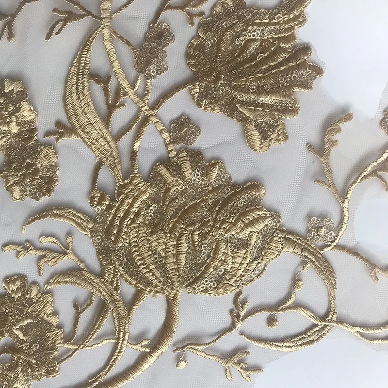 Elegant Gold Embroidery Lace Fabric Applique for DIY Fashion and Decoration