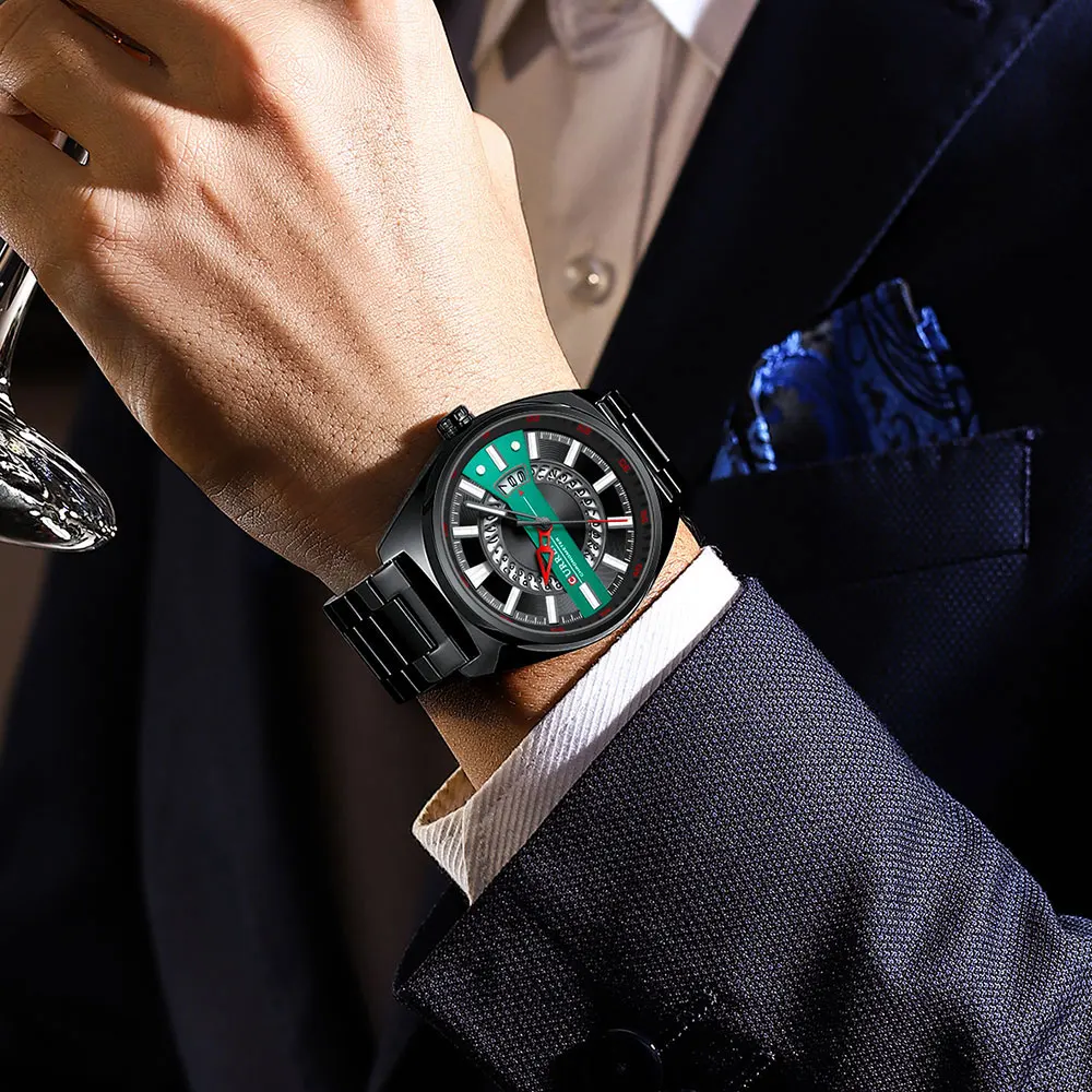 Relógio esportivo casual masculino de pulso azul de aço inoxidável com data automática de quartzo à prova d'água_voghion.com