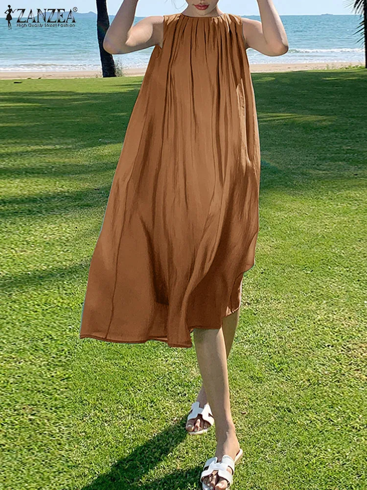

ZANZEA Casual Beach Tank Dress Holiday Loose Sundress Solid Color 2023 Summer Vestido Women Pleated O-neck Sleeveless Midi Dress