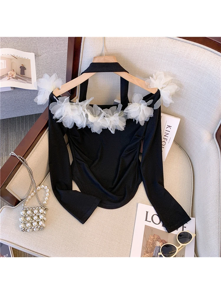 

Women's Black Gothic Shirt and Blouse Y2k Vintage Korean Harajuku 2000s Elegant Slash Neck Long Sleeve Shirt Top Clothes Autumn